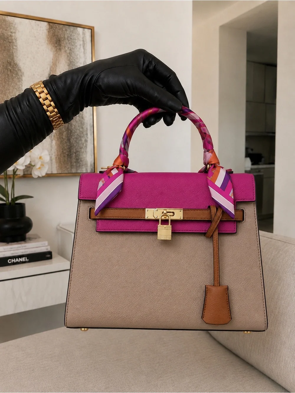 Women's Top-Handle Leather Satchel in Fuchsia and Taupe